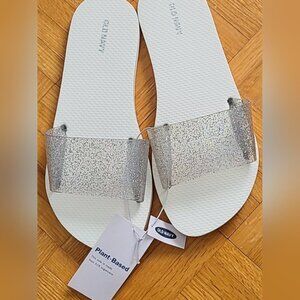 Old Navy White Clear Beachy Travel Jelly Glitter Slide Flip Flop Slip On Sandals
